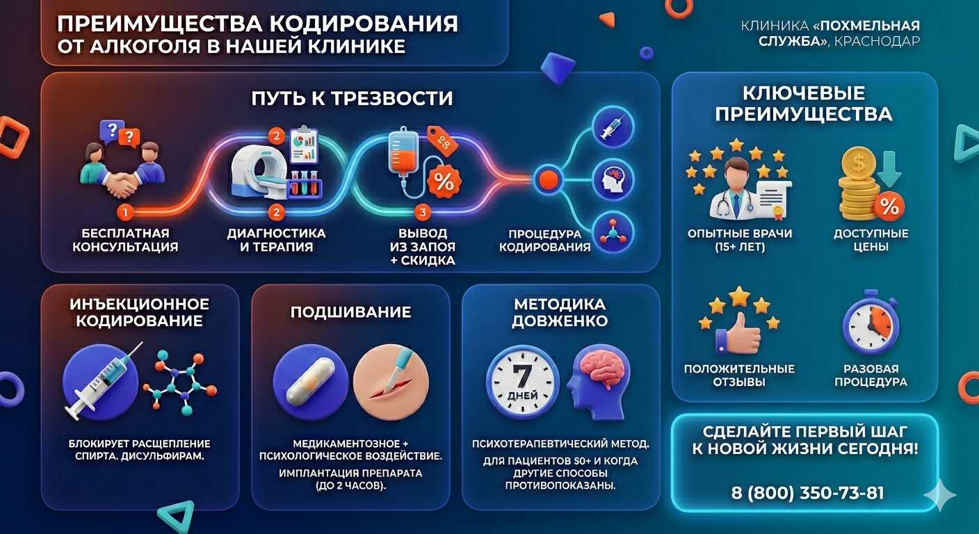 Инфографика о методах кодирования от алкоголя в Благовещенске: инъекции, подшивание, метод Довженко. Преимущества клиники и этапы лечения.