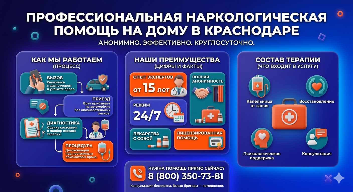 Инфографика о принципах лечения алкоголизма на дому в Благовещенске: этапы вызова нарколога, преимущества анонимной детоксикации и состав медицинской помощи.